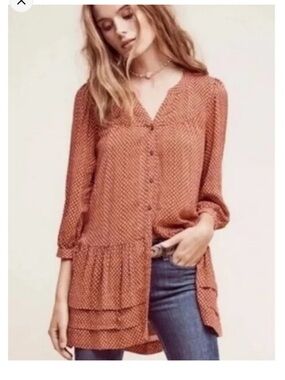Anthropologie Holding Horses Rust Dot Button-Front Tiered Tunic